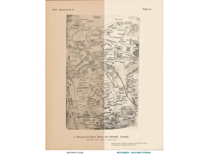 Stara mapa Azji ok. 1150 — mapa Hieronima, faksymile Millera 1895, tabl. 11 — cały arkusz przed i po restauracji