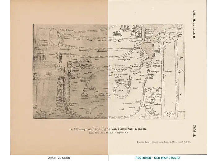 Stara mapa Ziemi Świętej ok. 1150 — Hieronim, faksymile 1895, tabl. 12 — cały arkusz przed i po restauracji