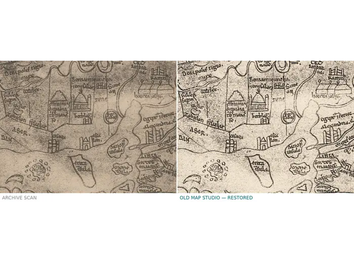 Stara mapa świata ok. 1190 — Sawley, faksymile Millera 1895, tabl. 13 — przed i po restauracji