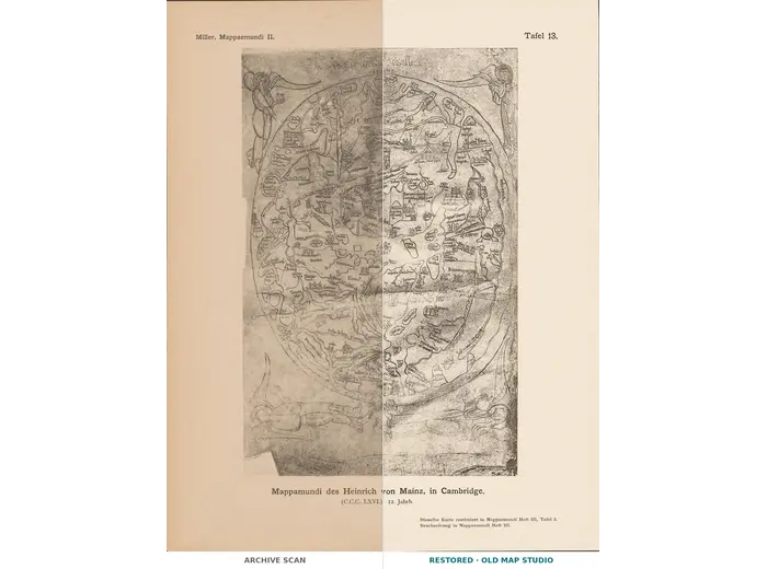 Stara mapa świata ok. 1190 — Sawley, faksymile Millera 1895, tabl. 13 — cały arkusz przed i po restauracji