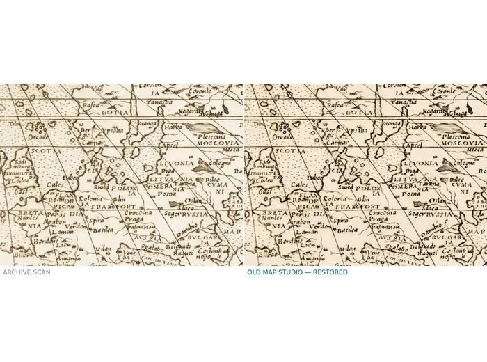 Alte Weltkarte 1570 — Donato Bertelli, Universale Descrittione — vor und nach der Restaurierung