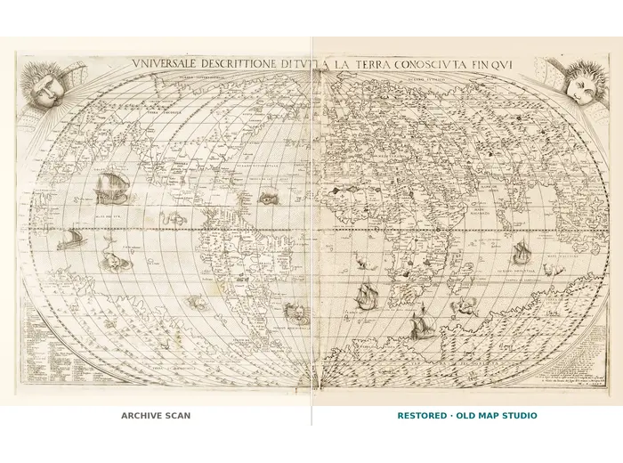 Alte Weltkarte 1570 — Donato Bertelli, Universale Descrittione — ganzes Blatt vor und nach der Restaurierung