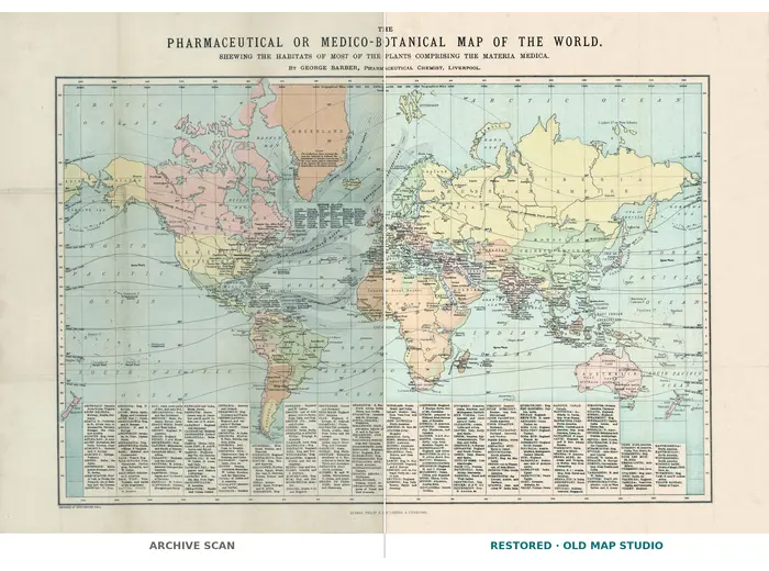 Antique World Map 1870 — Barber, Pharmaceutical Map — full sheet before and after restoration