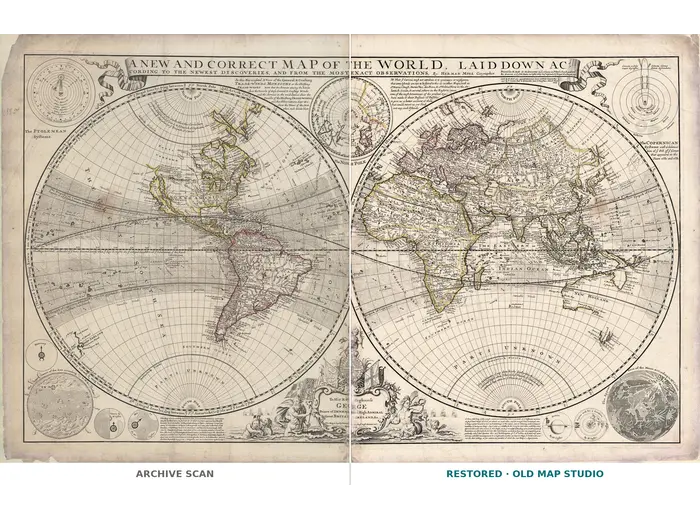 Antique World Map 1709 — Moll, A New and Correct Map — full sheet before and after restoration