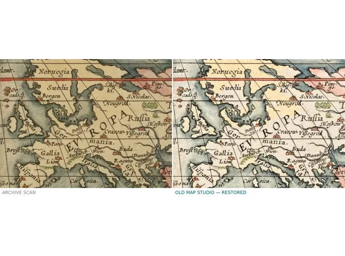 Old World Map 1570 — Ortelius, Typus Orbis Terrarum, Colored — before and after restoration