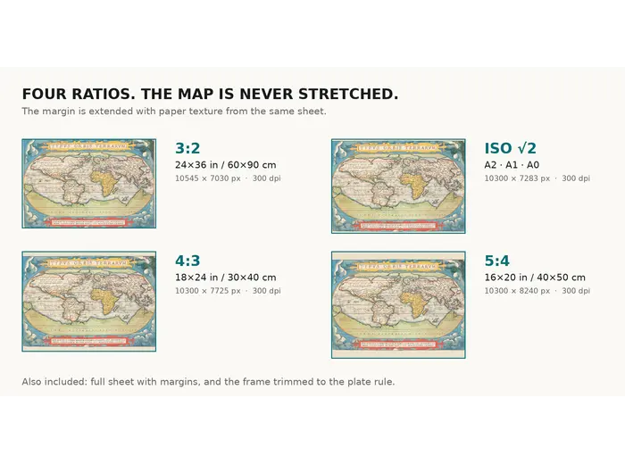 Old World Map 1570 — Ortelius, Typus Orbis Terrarum, Colored — print sizes at 300 dpi