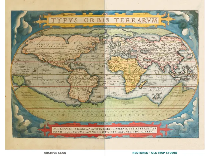 Old World Map 1570 — Ortelius, Typus Orbis Terrarum, Colored — full sheet before and after restoration
