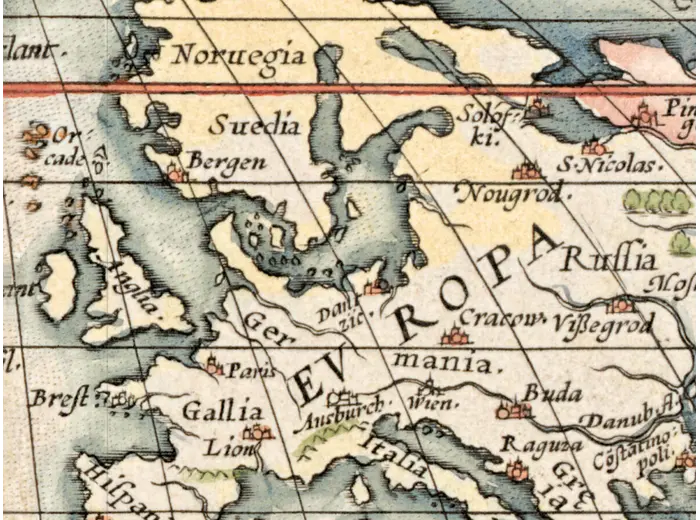 Old World Map 1570 — Ortelius, Typus Orbis Terrarum, Colored — detail 3: europe