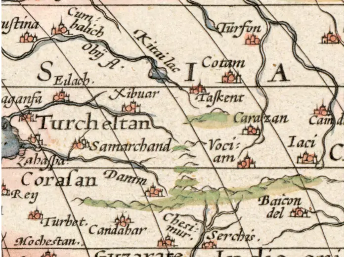 Old World Map 1570 — Ortelius, Typus Orbis Terrarum, Colored — detail 4: asia china