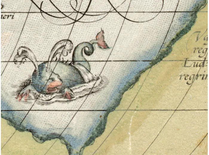 Old World Map 1570 — Ortelius, Typus Orbis Terrarum, Colored — detail 5: sea monster