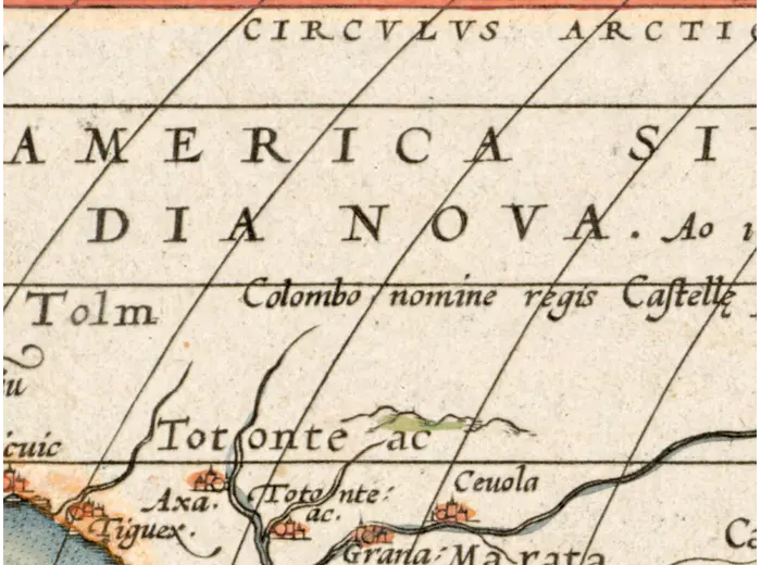 Old World Map 1570 — Ortelius, Typus Orbis Terrarum, Colored — detail 7: america 1492 colombo