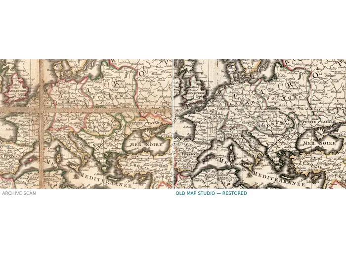 Stara mapa świata 1786 — Delamarche, Mappe Monde z podróżami Cooka — przed i po restauracji
