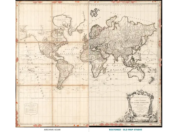 Stara mapa świata 1786 — Delamarche, Mappe Monde z podróżami Cooka — cały arkusz przed i po restauracji
