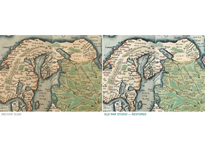 Oude kaart van Europa 1570 — Ortelius, Europae — voor en na restauratie