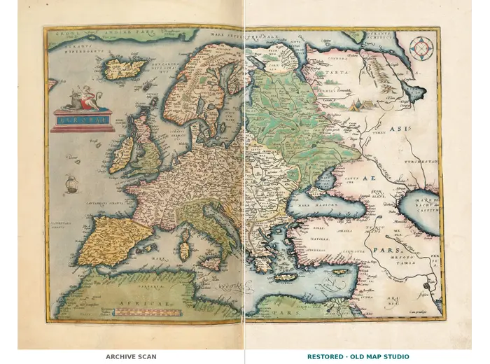 Oude kaart van Europa 1570 — Ortelius, Europae — volledig blad voor en na restauratie