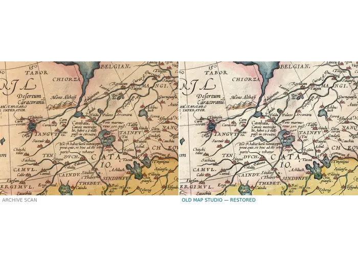 Oude kaart van Azië 1570 — Ortelius, Asiae Nova Descriptio — voor en na restauratie