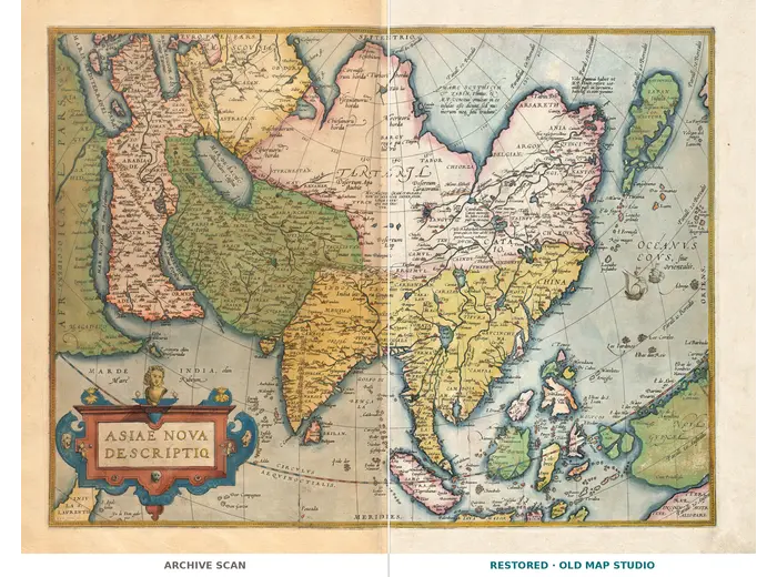 Oude kaart van Azië 1570 — Ortelius, Asiae Nova Descriptio — volledig blad voor en na restauratie