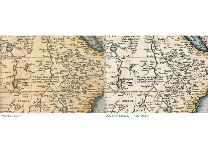Oude kaart van Afrika 1570 — Ortelius, Africae Tabula Nova — voor en na restauratie