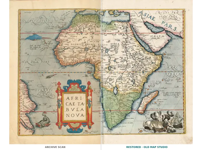 Oude kaart van Afrika 1570 — Ortelius, Africae Tabula Nova — volledig blad voor en na restauratie
