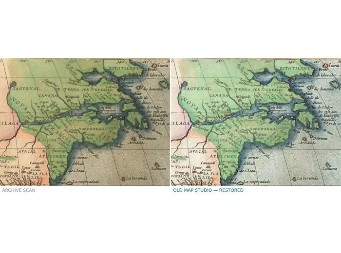 Oude kaart van Amerika 1570 — Ortelius, Americae sive Novi Orbis — voor en na restauratie