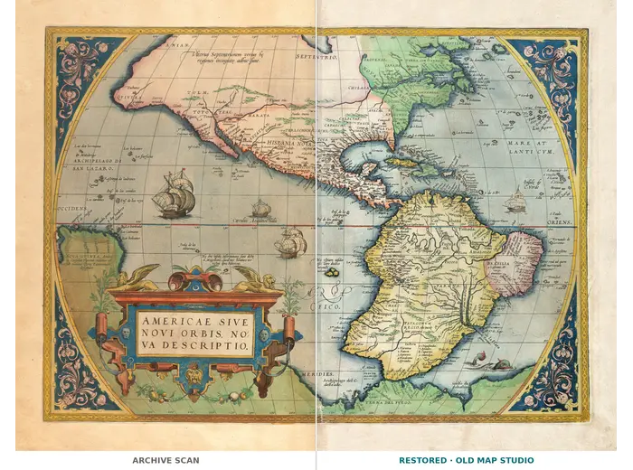 Oude kaart van Amerika 1570 — Ortelius, Americae sive Novi Orbis — volledig blad voor en na restauratie